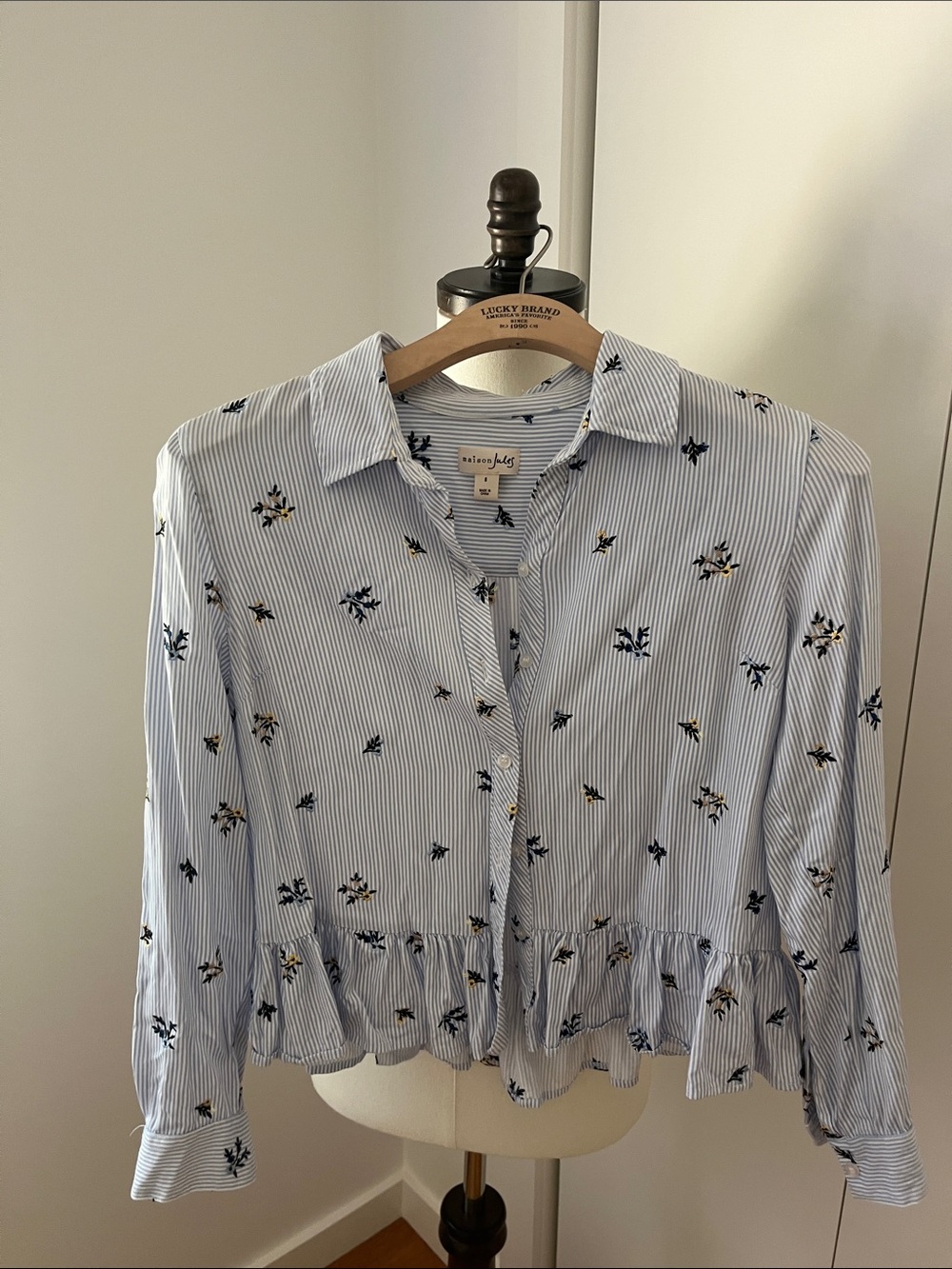 Maison Jules Light Blue and White Striped Floral Button-Front Peplum Blouse